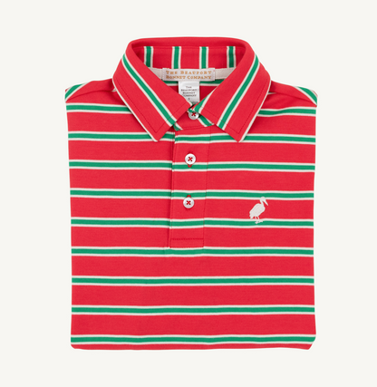 Prim & Proper Polo Stripe Red, Green & Palmetto Pearl Long Sleeve Pima