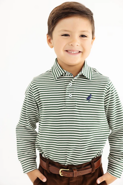 Prim & Proper Polo Grier Green and Pearl Stripe Long Sleeve Pima
