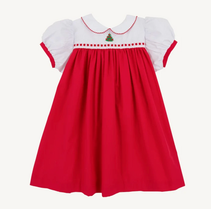 Mary Dal Dress - Christmas Tree Embroidery - Worth Ave White & Richmond Red