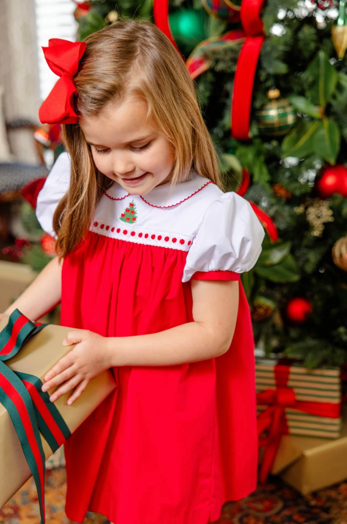 Mary Dal Dress - Christmas Tree Embroidery - Worth Ave White & Richmond Red