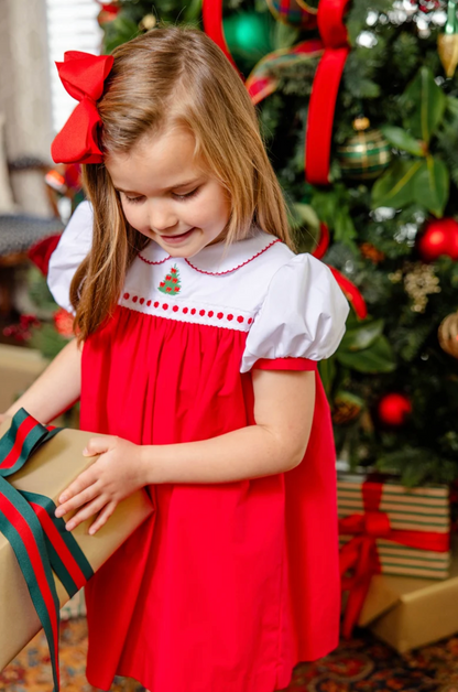 Mary Dal Dress - Christmas Tree Embroidery - Worth Ave White & Richmond Red