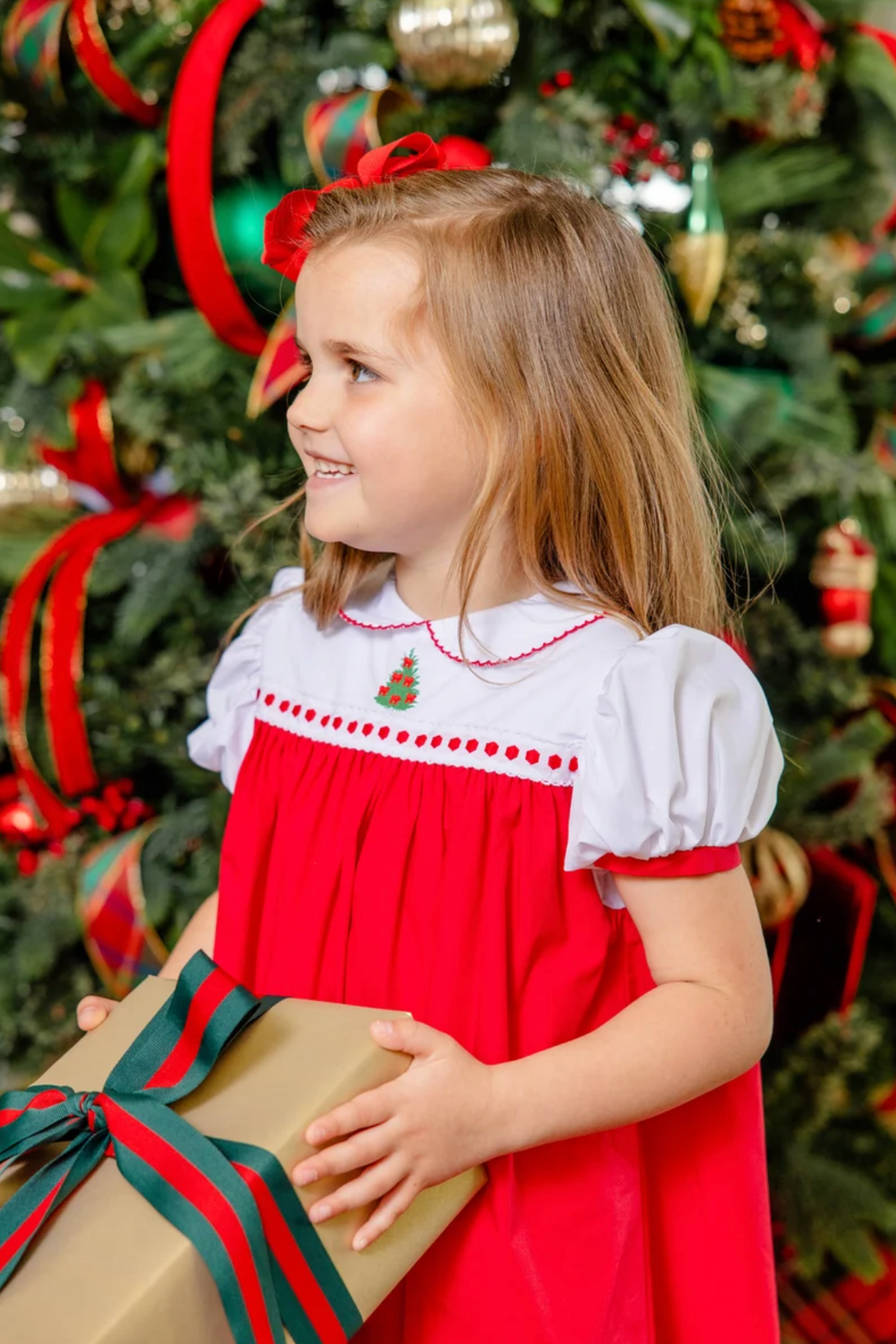 Mary Dal Dress - Christmas Tree Embroidery - Worth Ave White & Richmond Red