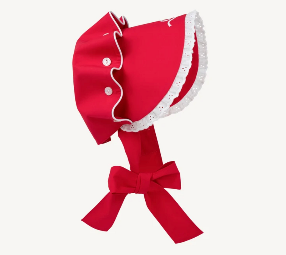 Bellefaire Bonnet - Bow Embroidery Richmond Red Broadcloth with White Eyelet