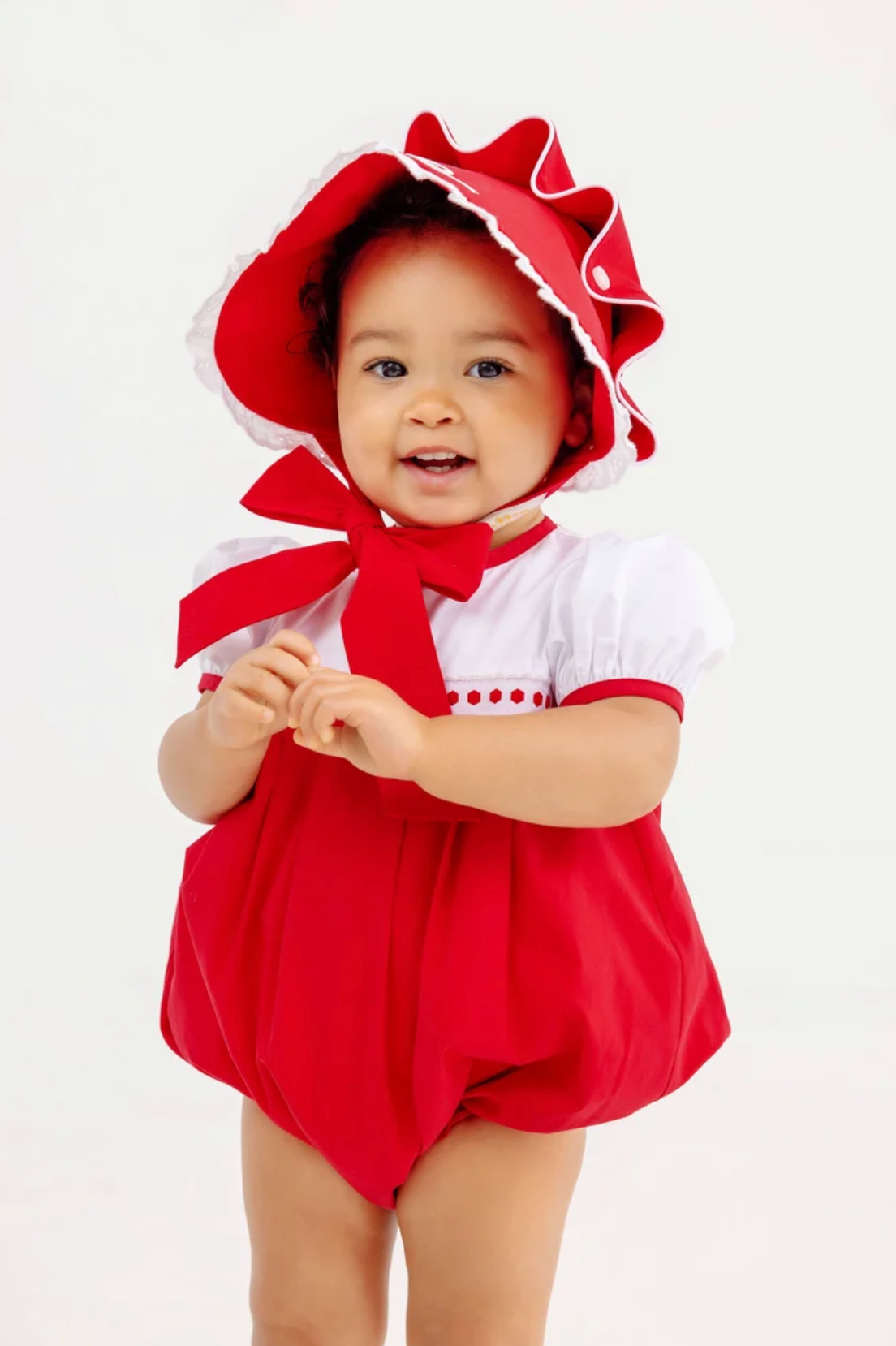 Bellefaire Bonnet - Bow Embroidery Richmond Red Broadcloth with White Eyelet