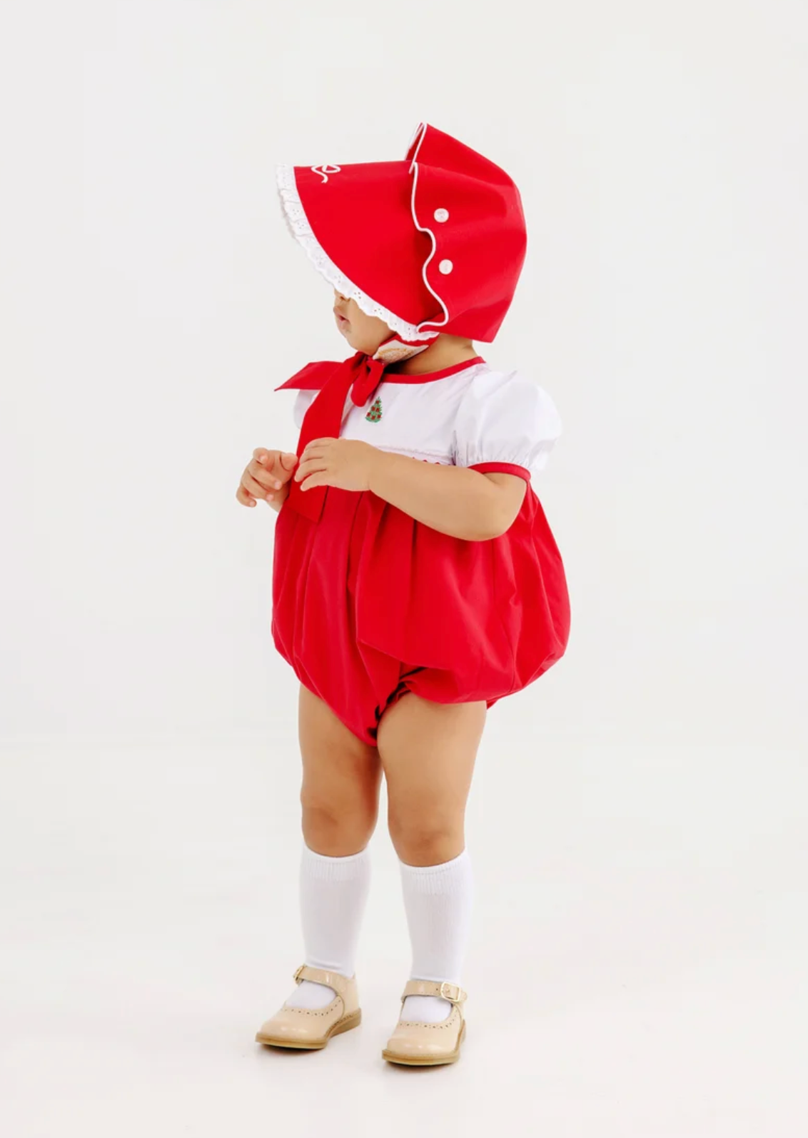 Bellefaire Bonnet - Bow Embroidery Richmond Red Broadcloth with White Eyelet