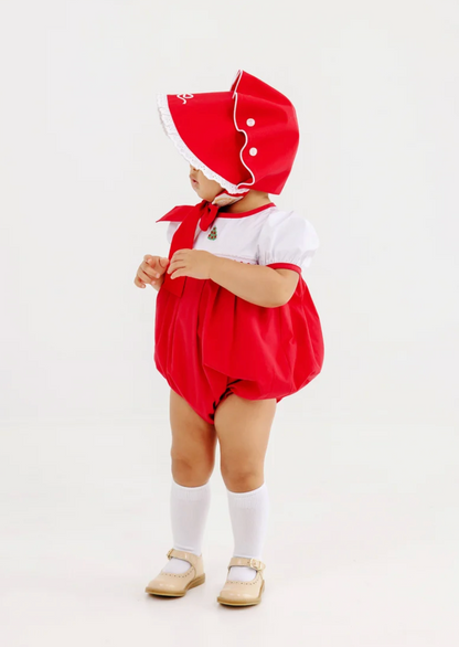Bellefaire Bonnet - Bow Embroidery Richmond Red Broadcloth with White Eyelet