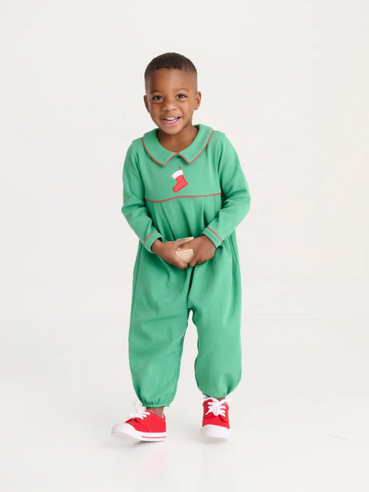 Bradford Romper - Stocking Embroidery - Kiawah Kelly Green, LS with Collar