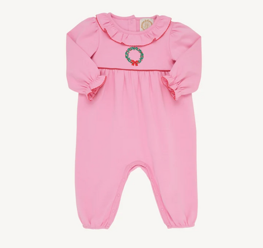 Ramona Ruffle Romper - Wreath Embroidery -Hamptons Hot Pink Pima