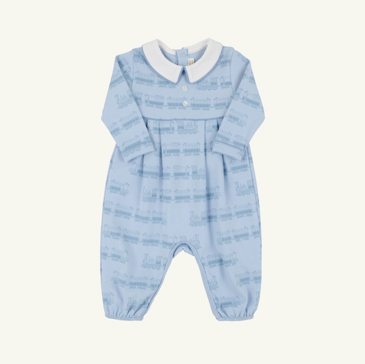 Bradford Romper Blue Choo Choos Long Sleeve with Collar