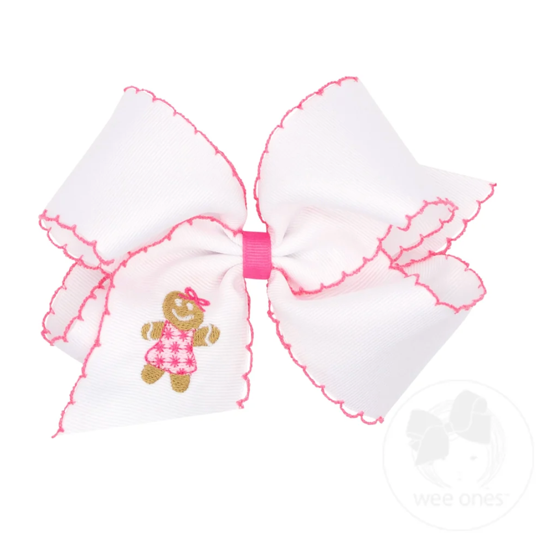 Pink Gingerbread - King White Grosgrain Hair Bow with Hot Pink Moonstitch Edge