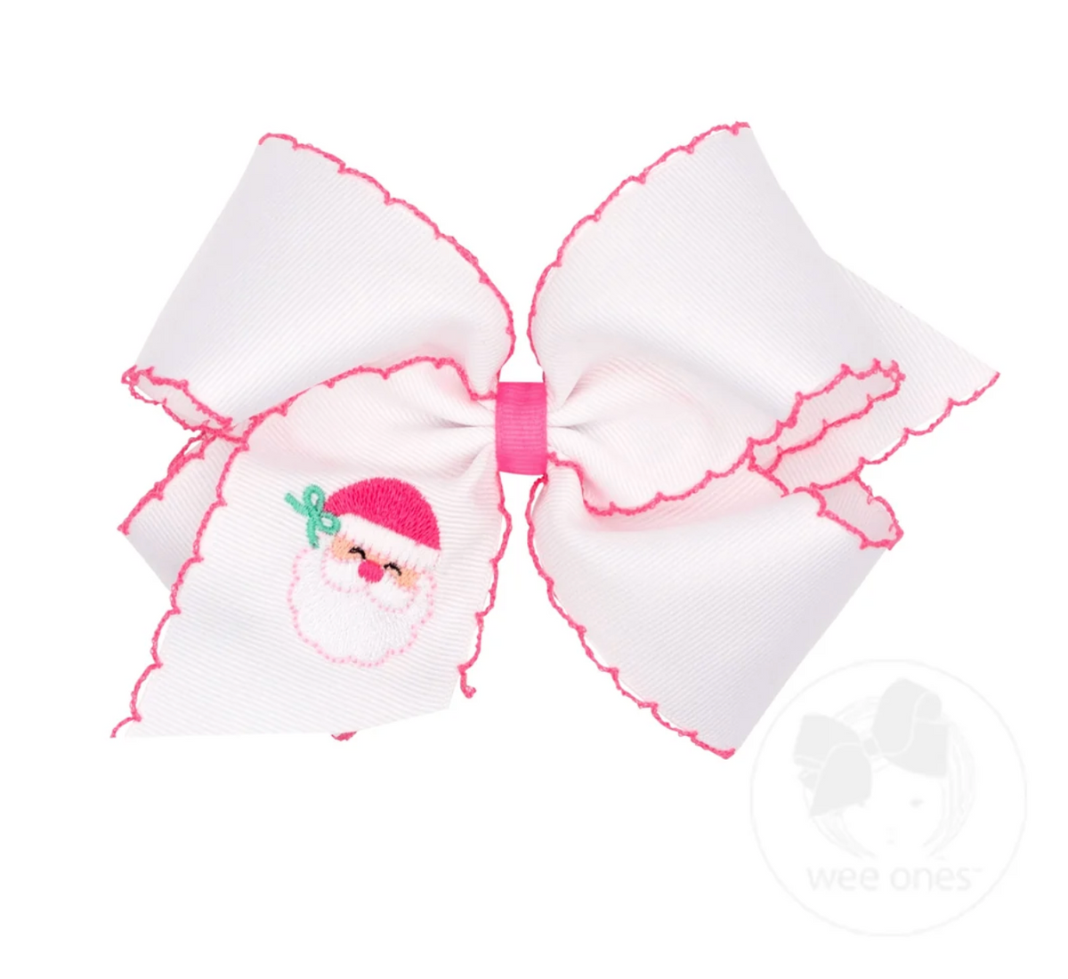 Pink Santa - King White Grosgrain Hair Bow with Pink Moonstitch Edge