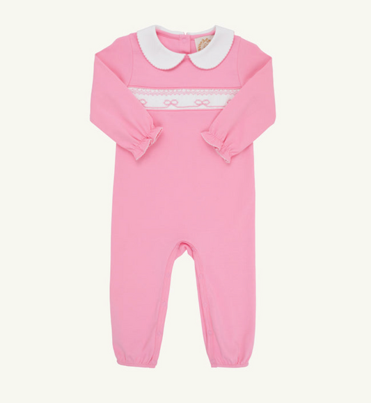 Rigsby Romper Bow Smocking Hamptons Hot Pink with Worth Avenue White