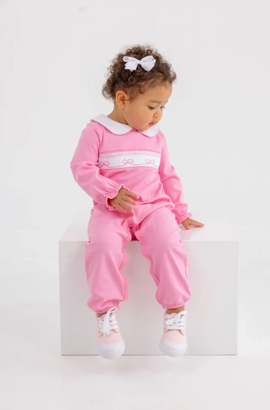 Rigsby Romper Bow Smocking Hamptons Hot Pink with Worth Avenue White