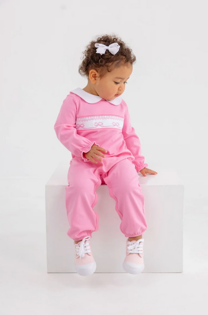 Rigsby Romper Bow Smocking Hamptons Hot Pink with Worth Avenue White