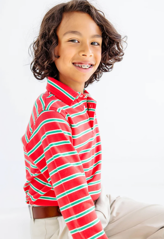 Prim & Proper Polo Stripe Red, Green & Palmetto Pearl Long Sleeve Pima