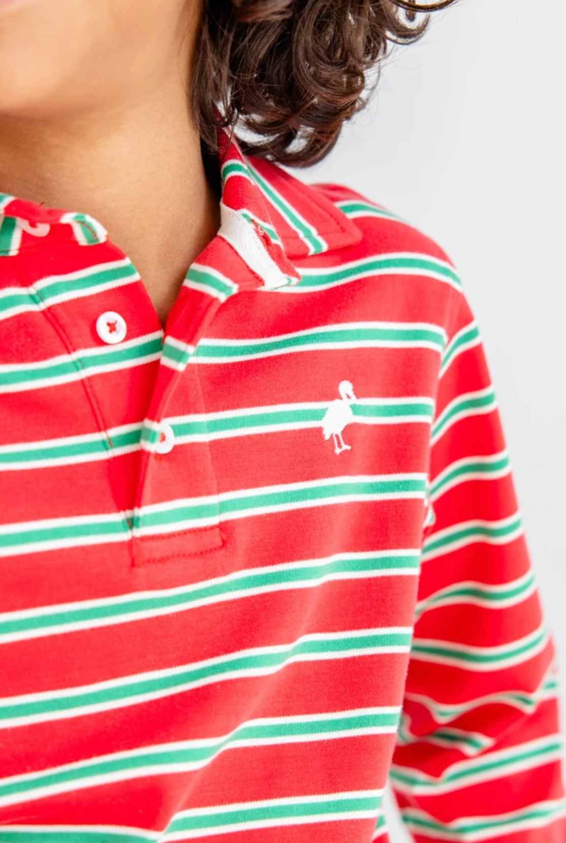 Prim & Proper Polo Stripe Red, Green & Palmetto Pearl Long Sleeve Pima