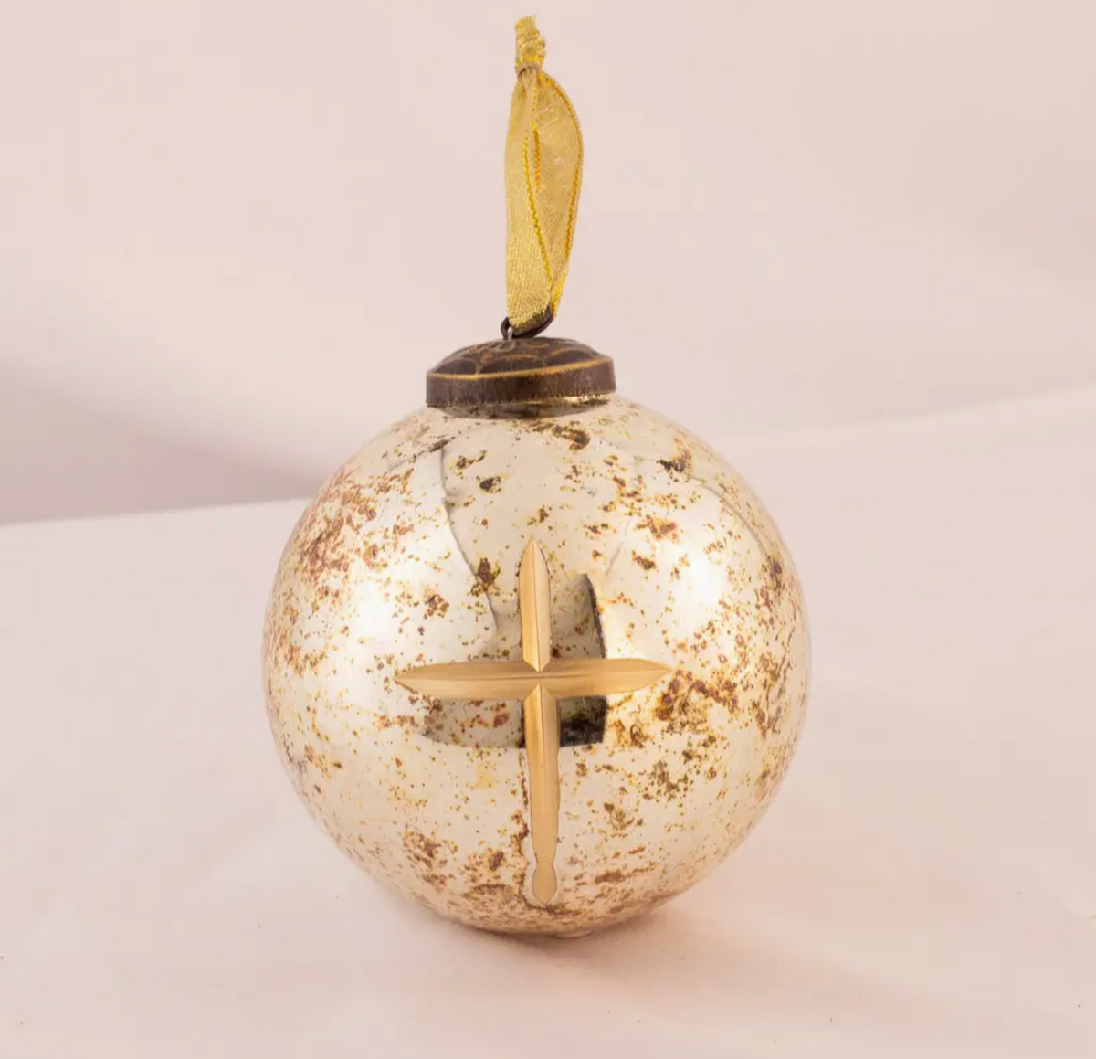 Cruix Glass Ball Ornament with Gold Cross Accent