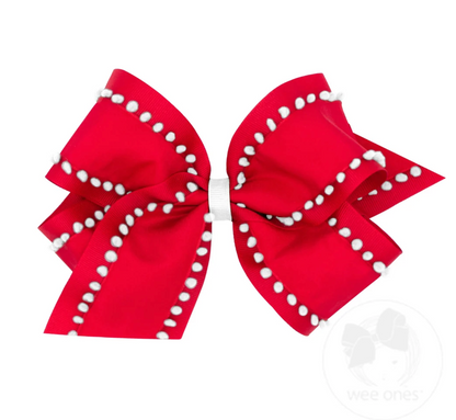 King Holiday Style Pom-Pom Edge Grosgrain Overlay Girls Hair Bow