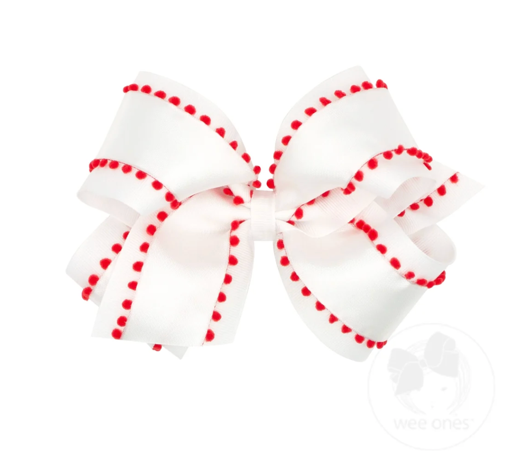 King Holiday Style Pom-Pom Edge Grosgrain Overlay Girls Hair Bow