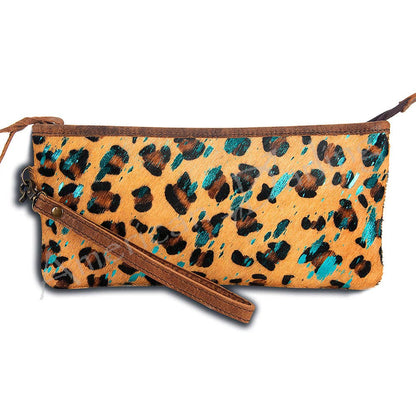 Wristlet - Cheetah Print Leather with Turquoise