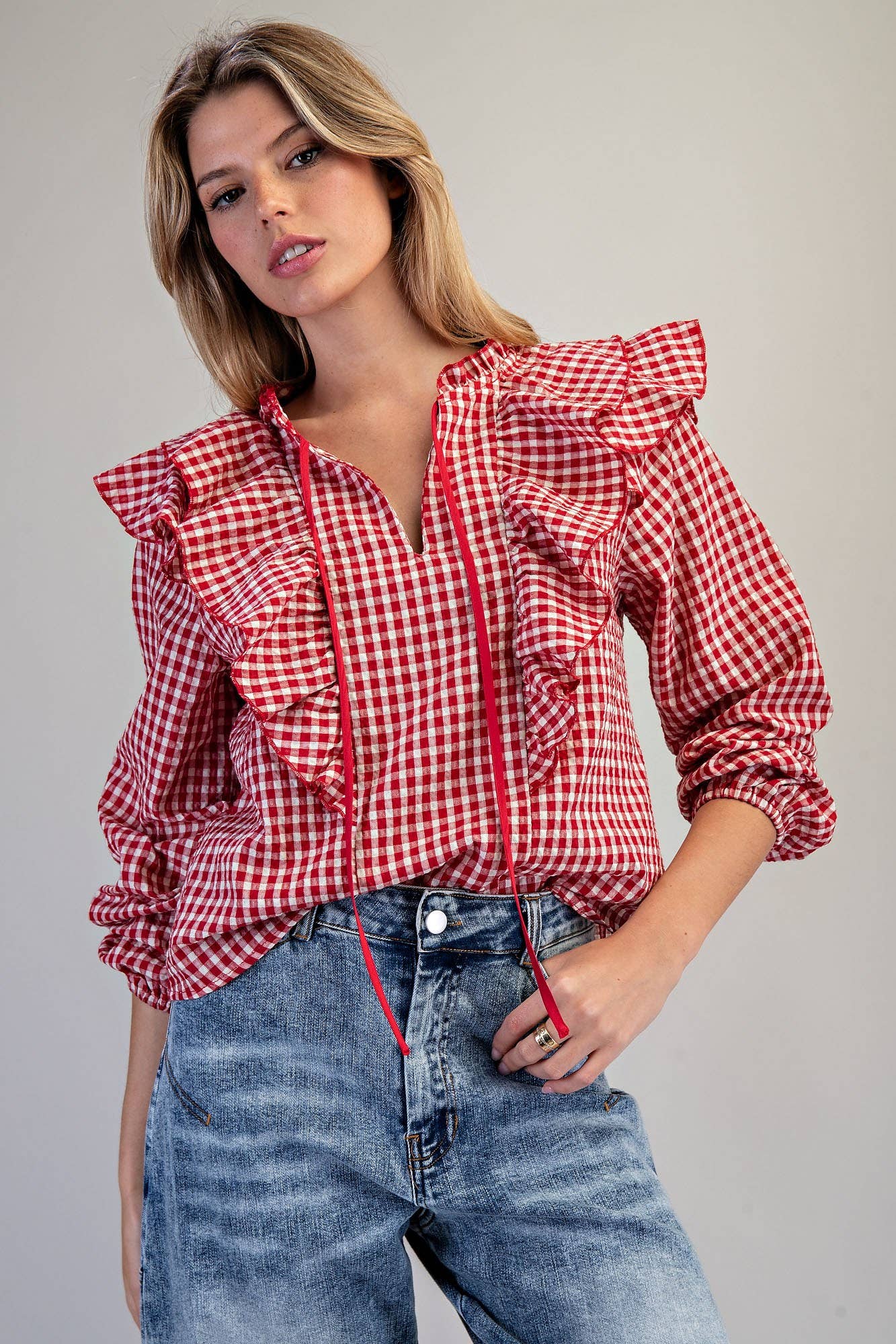 Red Gingham Ruffled Blouse