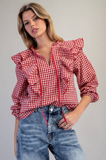 Red Gingham Ruffled Blouse