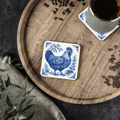 Chicken Coasters - Blue & White Delft Floral, Set of 4