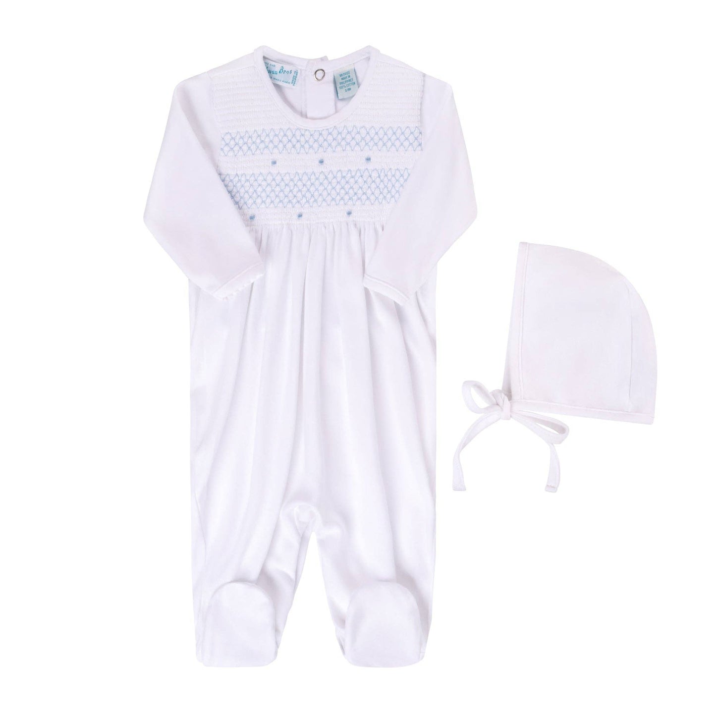 Baby Boys Smocked Bullion Romper with Bonnet