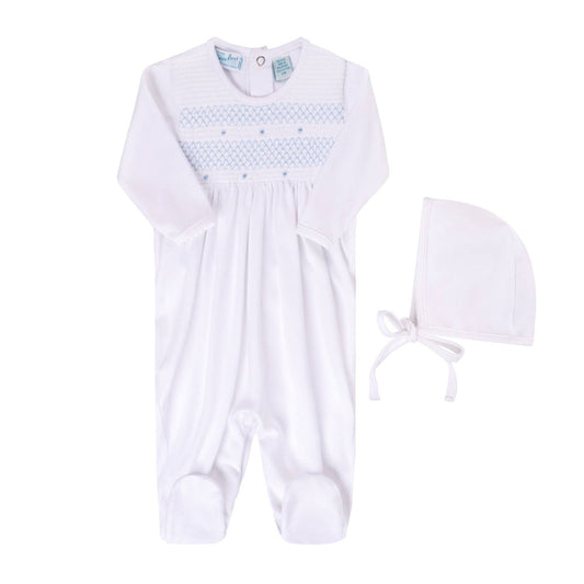 Baby Boys Smocked Bullion Romper with Bonnet