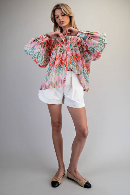 Ocean Pop Floral Pleated Down Blouse