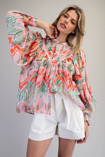 Ocean Pop Floral Pleated Down Blouse