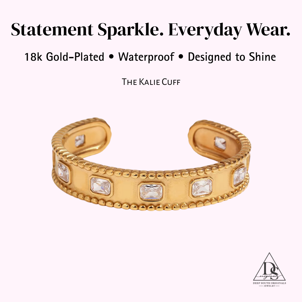 Gold-plated cuff bracelet with embedded stones on a white background, featuring text about its features.