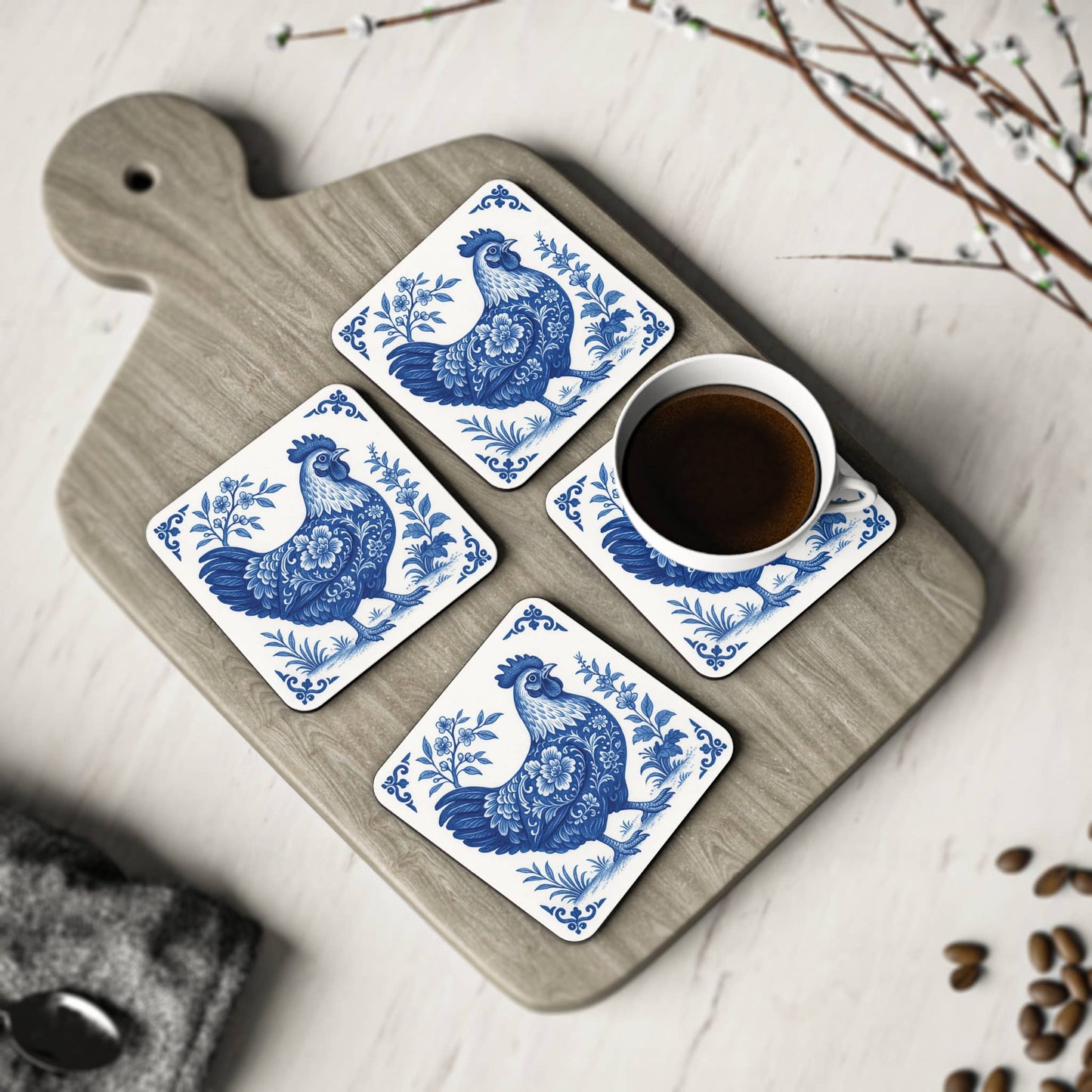 Chicken Coasters - Blue & White Delft Floral, Set of 4