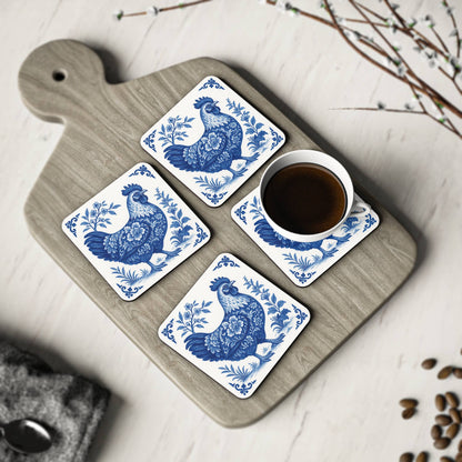 Chicken Coasters - Blue & White Delft Floral, Set of 4