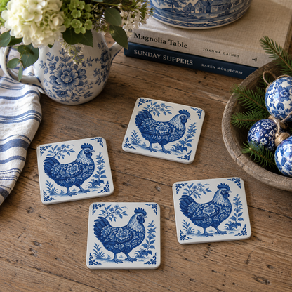 Chicken Coasters - Blue & White Delft Floral, Set of 4
