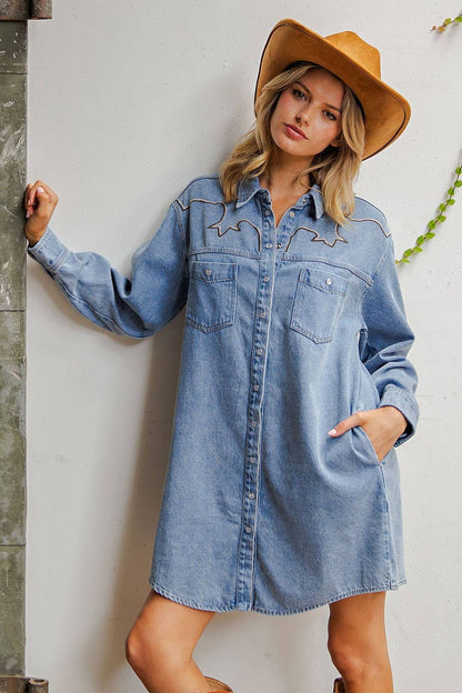 Mineral Washed Embroidered Yoke Denim Mini Dress