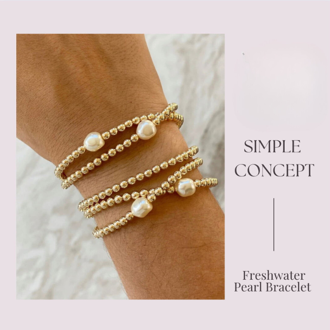Single Pearl & Gold Beaded Stretch Bracelet