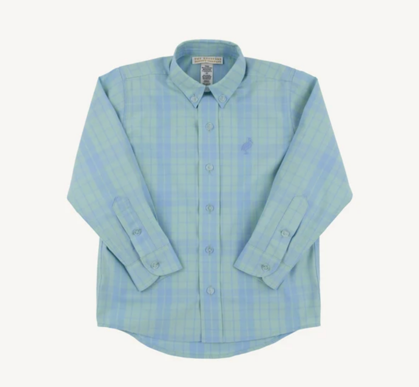 A light blue and green plaid long-sleeve button-down shirt with a small embroidered polo player logo on the left chest, displayed flat against a light cream background.