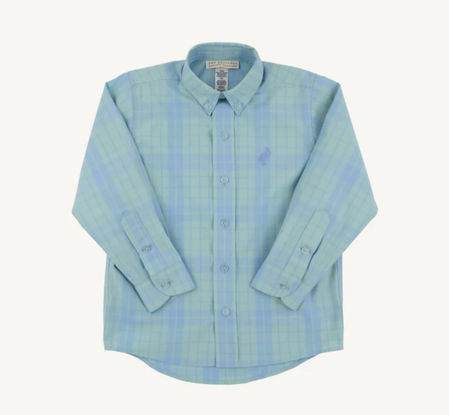 A light blue and green plaid long-sleeve button-down shirt with a small embroidered polo player logo on the left chest, displayed flat against a light cream background.