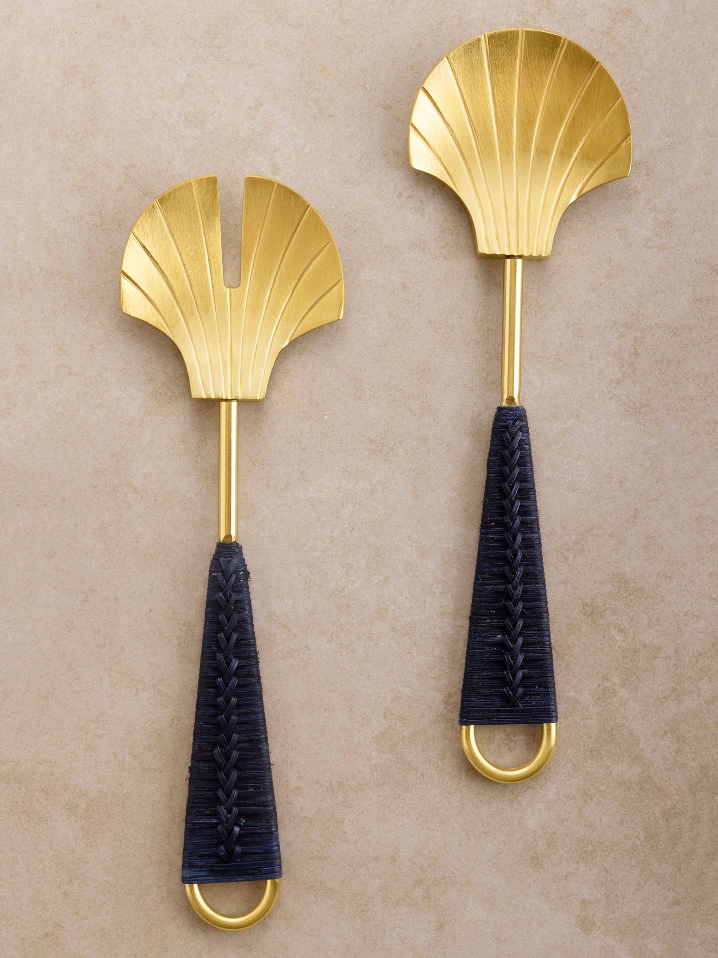 Vitali Shell Brass & Rattan Salad Servers