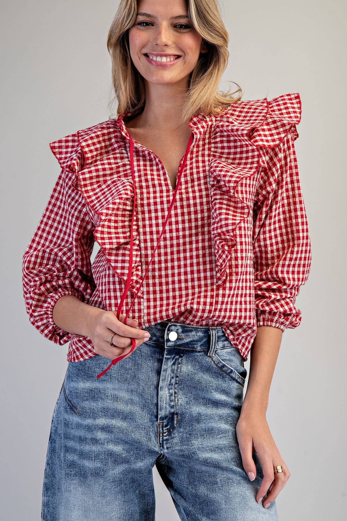 Red Gingham Ruffled Blouse