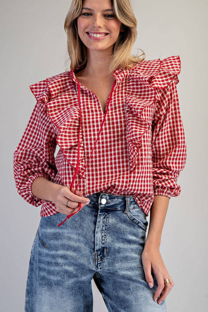 Red Gingham Ruffled Blouse