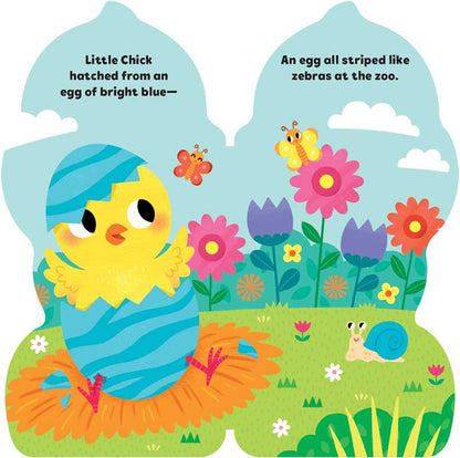 Children's book page with a colorful illustration of a chick and flowers.