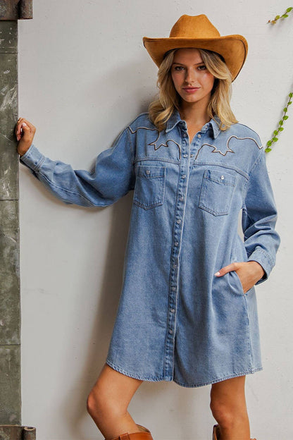 Mineral Washed Embroidered Yoke Denim Mini Dress