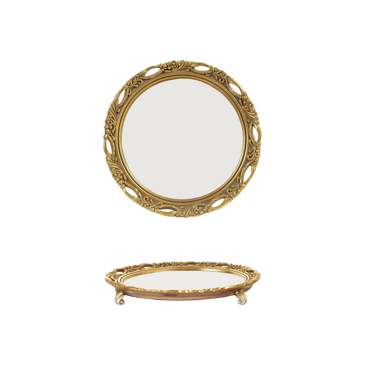 An ornate oval tabletop mirror platter with a decorative gold frame, shown in two views: one standing upright and one lying flat on its side, against a plain white background.
