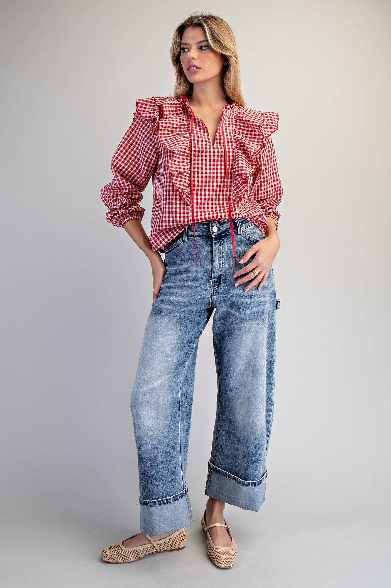 Red Gingham Ruffled Blouse
