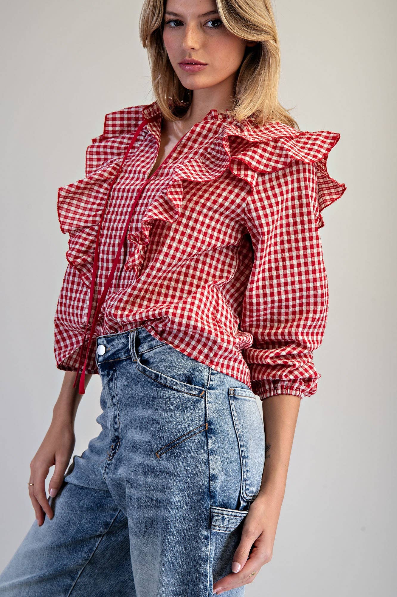 Red Gingham Ruffled Blouse