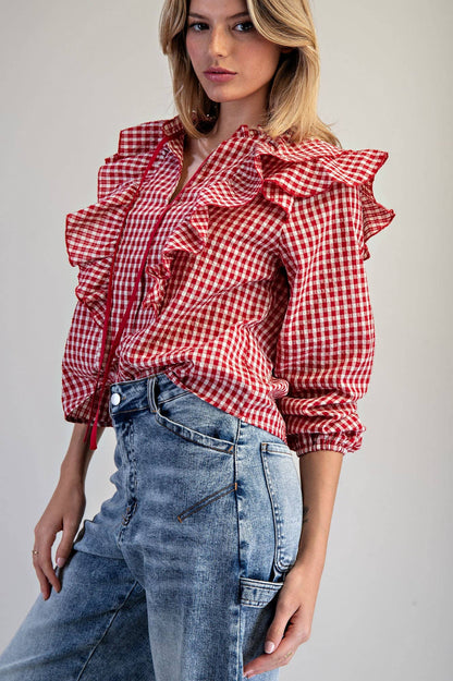 Red Gingham Ruffled Blouse