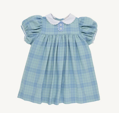 A baby girl's light blue and white plaid dress with short puff sleeves, a white ruffled Peter Pan collar, and a buttoned yoke detail.