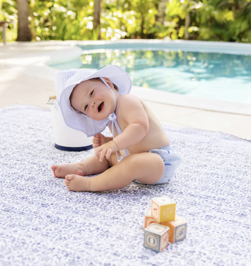 TBBC Sawyer Sun Hat Breakers Blue Seersucker with Worth Avenue White